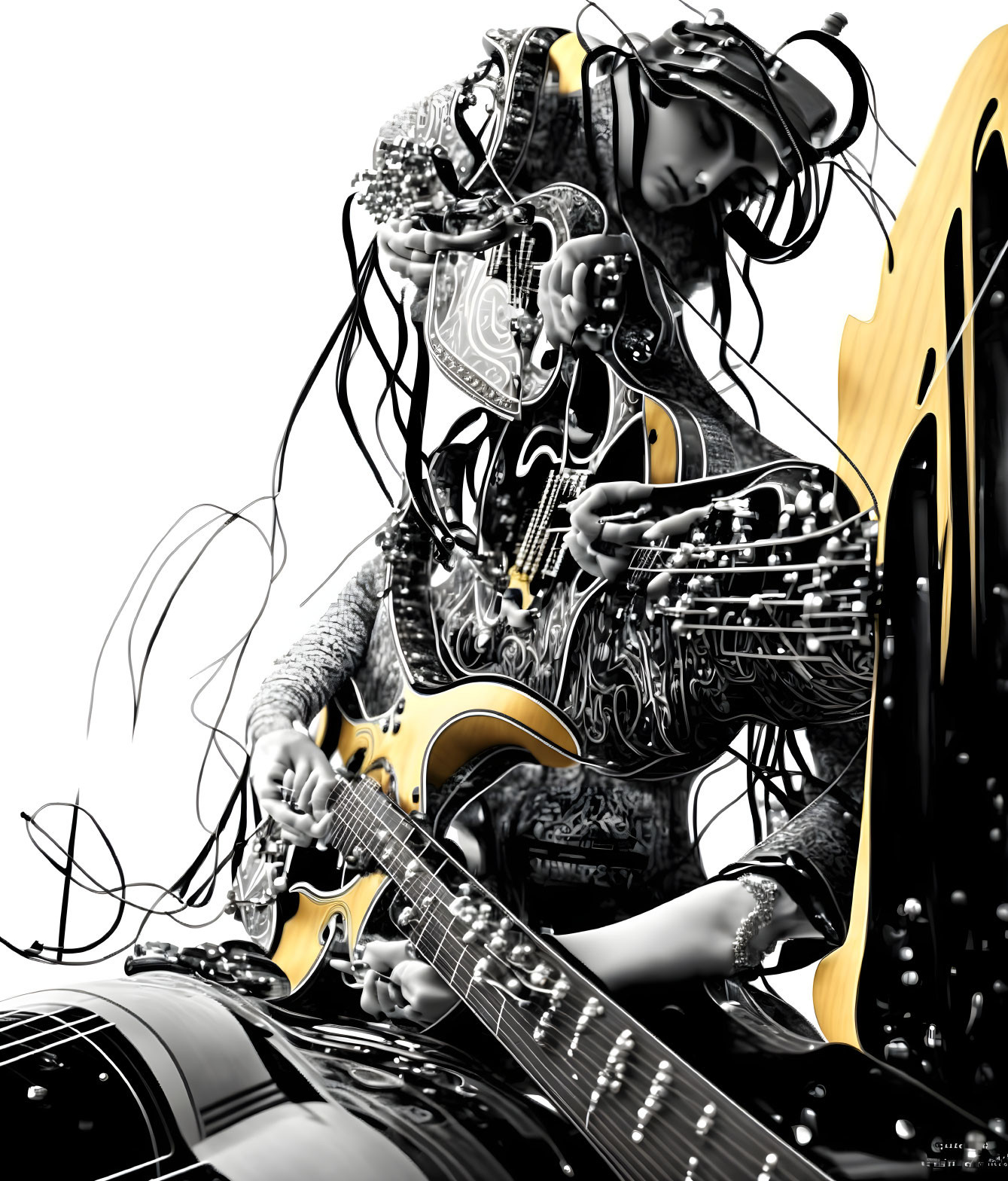 Monochrome surreal humanoid figure with intricate wiring playing detailed guitar