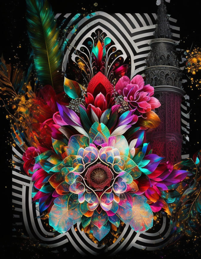 Colorful bouquet of flowers and feathers on geometric black and white background