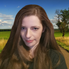 Photorealistic digital painting of woman with flowing brown hair and intense eyes in serene meadow.