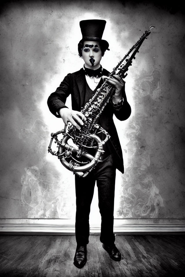 Vintage Attire Person with Top Hat Playing Saxophone on Smoky Background