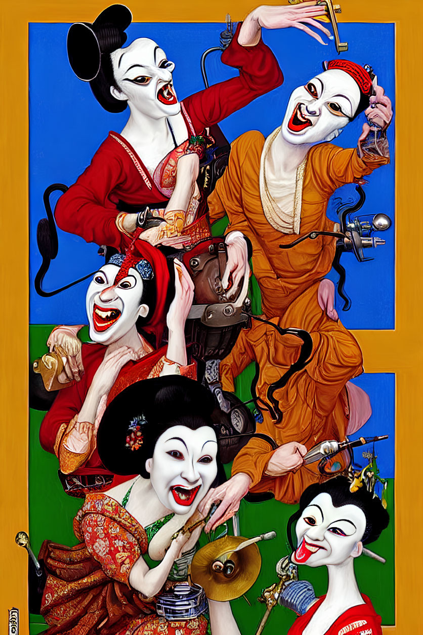 Vibrant Asian-themed caricature art with expressive figures in musical scene