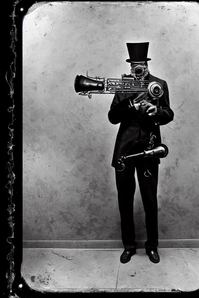 Vintage Suit and Top Hat Figure with Unique Tuba-like Instrument on Textured Background