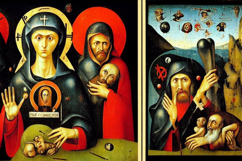 Religious icon: Virgin Mary with halo on left panel, bearded saint with halo on right panel