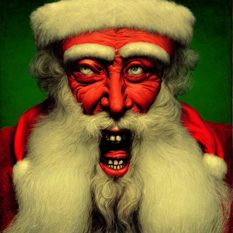 Menacing Santa Claus with fangs and red eyes on green background