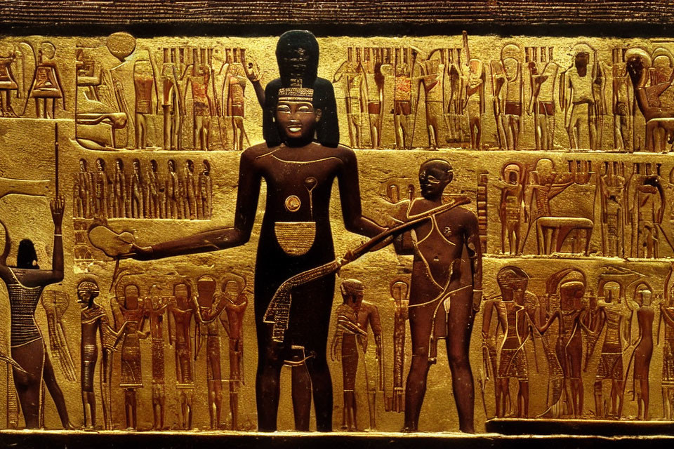 Ancient Egyptian Artwork: Central Deity and Hieroglyphics on Golden Background