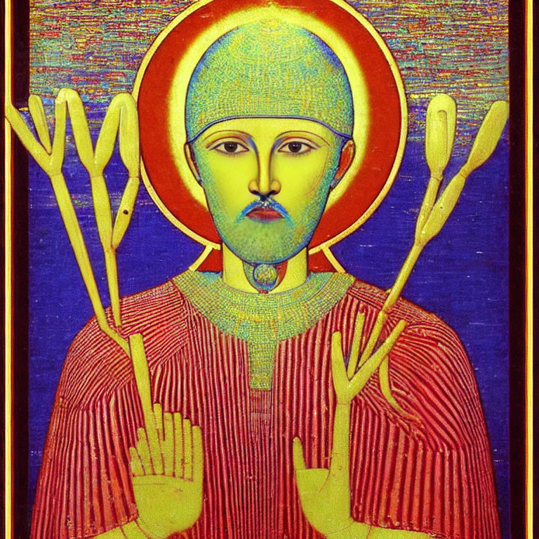 Iconographic Saint Painting with Golden Halo and Red Garments