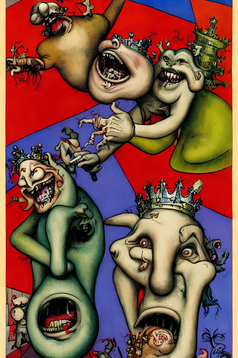 Surreal illustration: Four grotesque faces with crowns on colorful backgrounds