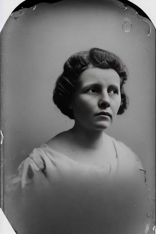 Classic Black and White Portrait of Woman with Updo and Off-Shoulder Dress