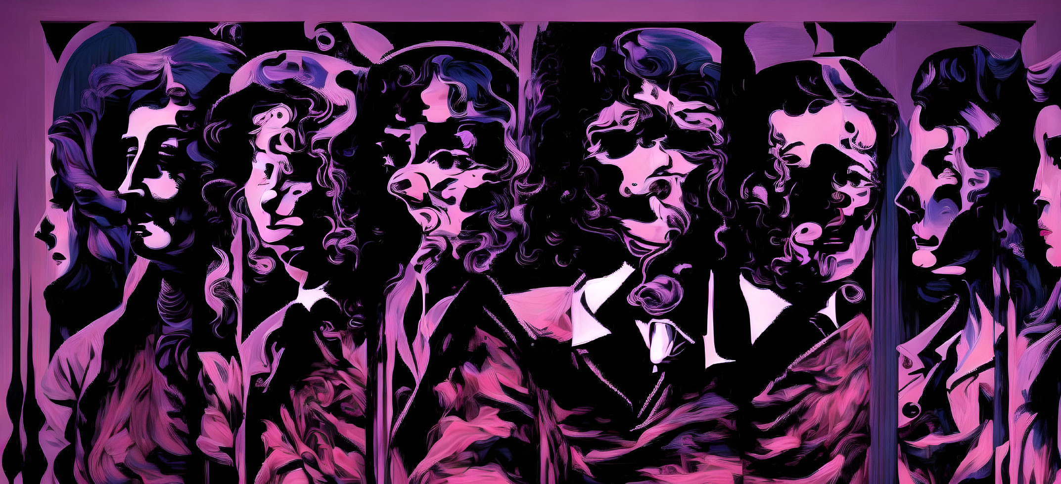 Abstract Surreal Image: Repeating Human Figures in Purple, Black, and Pink