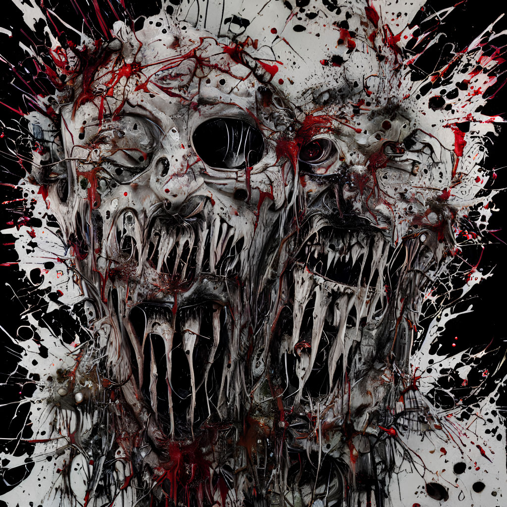 Abstract macabre art piece: Distorted faces, gaping mouths, red splatters on dark background