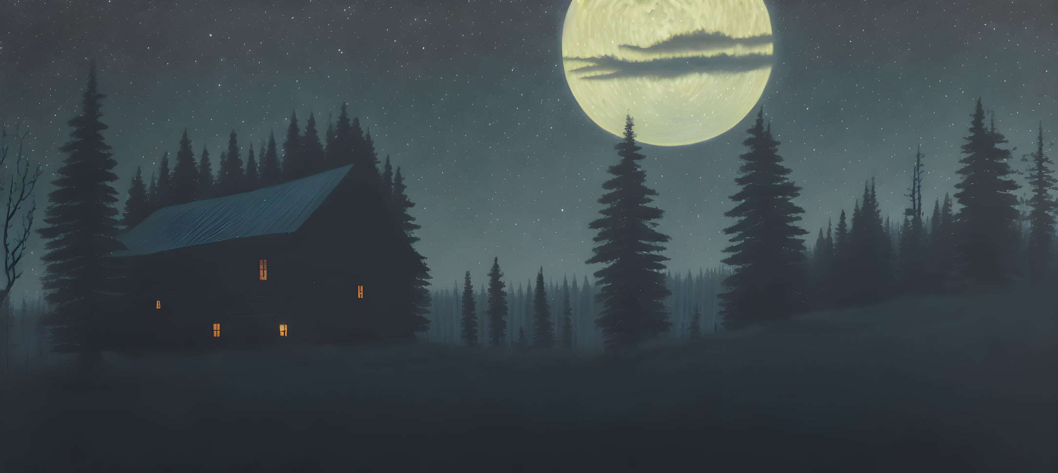 Cabin in Forest Night Scene with Full Moon