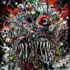 Abstract macabre art piece: Distorted faces, gaping mouths, red splatters on dark background