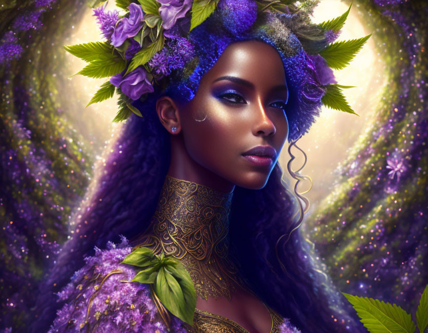 Illustrated portrait of woman with purple flowers, ethereal sparkles, and ornate gold detailing