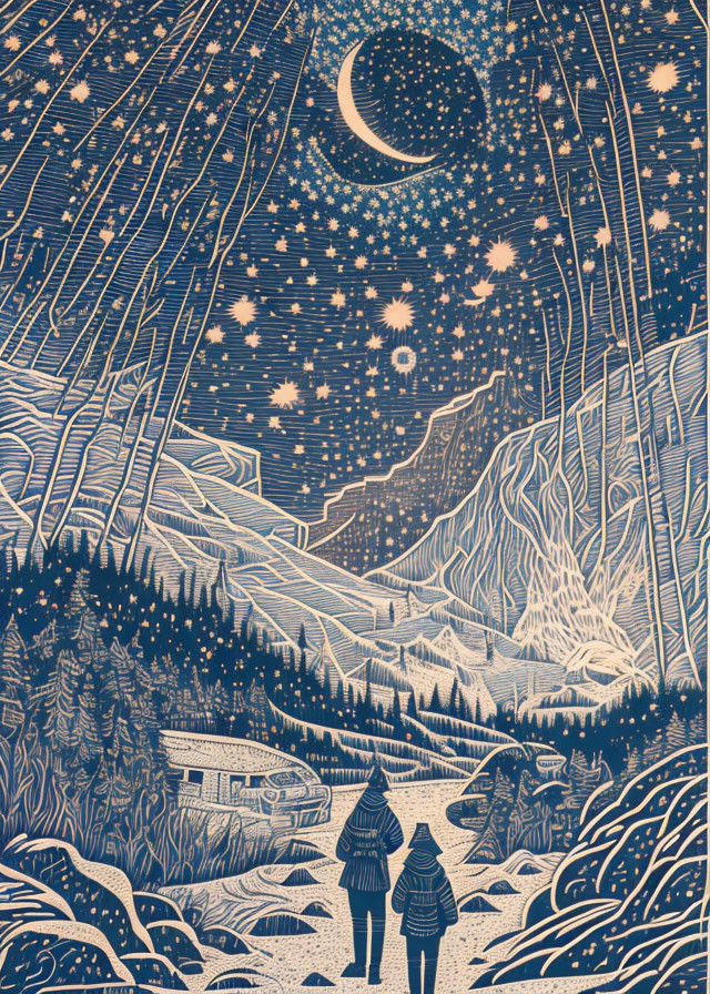 Nighttime snowy landscape with two people under star-filled sky