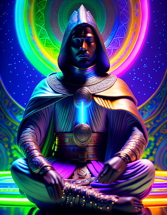 Colorful digital artwork of meditative figure in Egyptian pharaoh attire