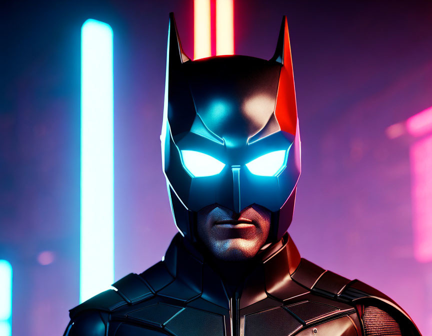 Stylized illuminated Batman helmet on neon backdrop