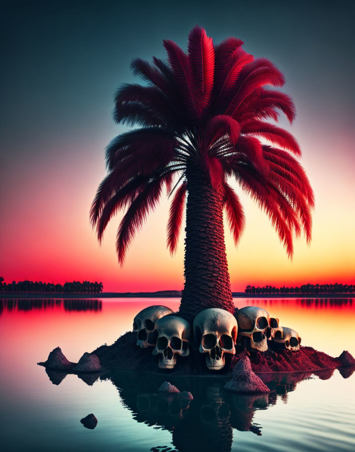 Twilight scene: Palm tree, skulls, calm water, pink-blue sky