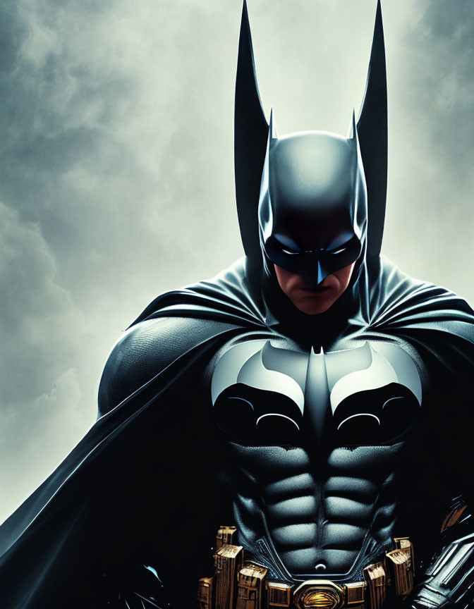 Brooding Batman under cloudy sky with iconic bat symbol.