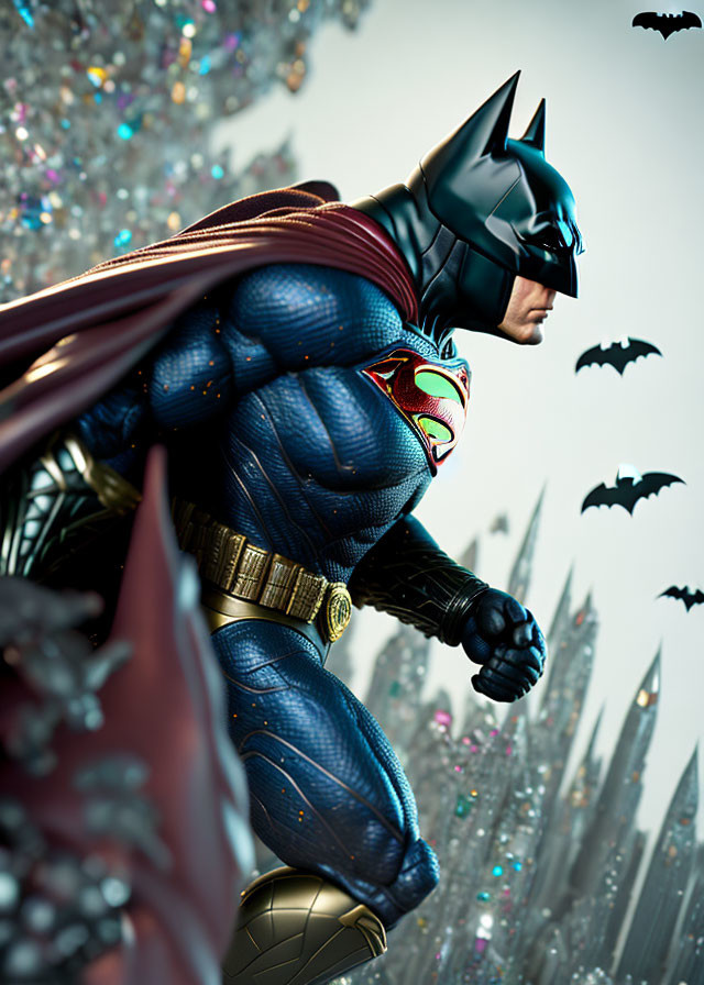 Superhero in Batman costume with Superman emblem, cape flowing, bats, and cityscape.