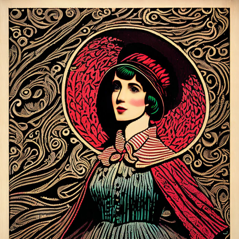 Vintage Woman Illustration with Bobbed Hair and Large Hat on Ornate Background