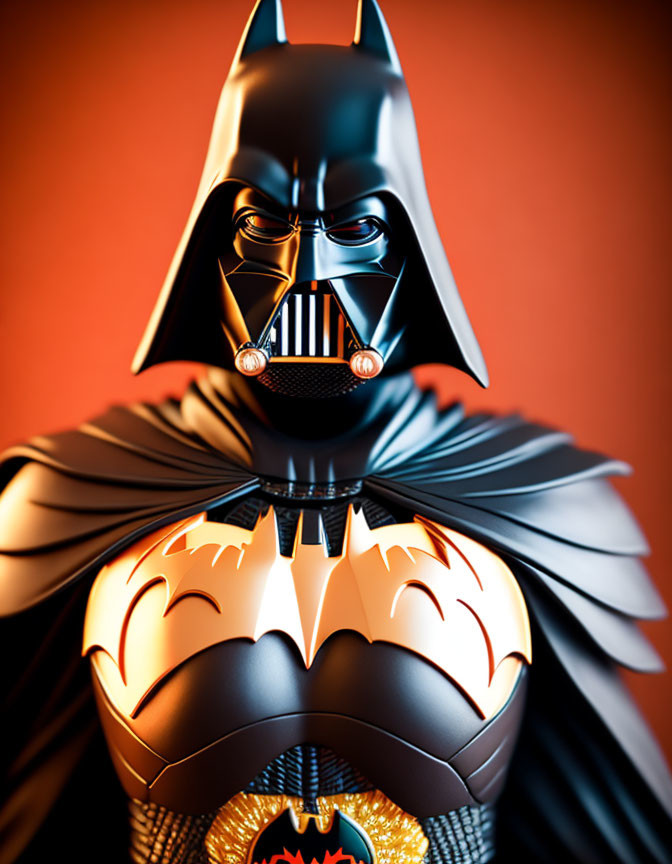 Batman and Darth Vader mashup figurine on orange background