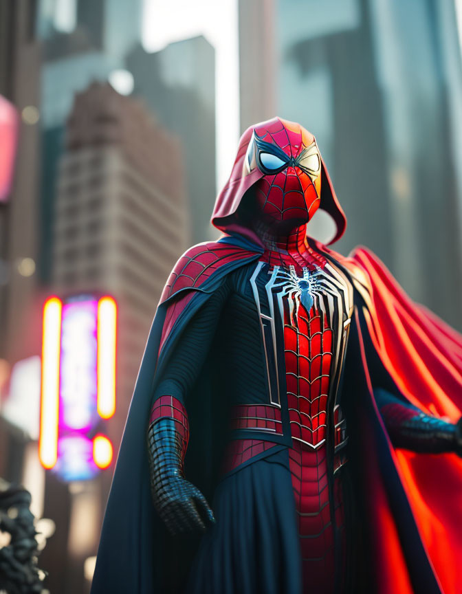 Person in Spider-Man costume with red cape in urban setting.