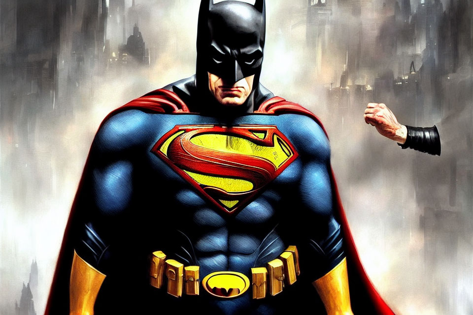 Character in Batman costume with Superman logo, confidently standing in cityscape.