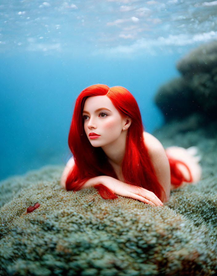 Vibrant red-haired woman underwater on coral bed, surrounded by blue water