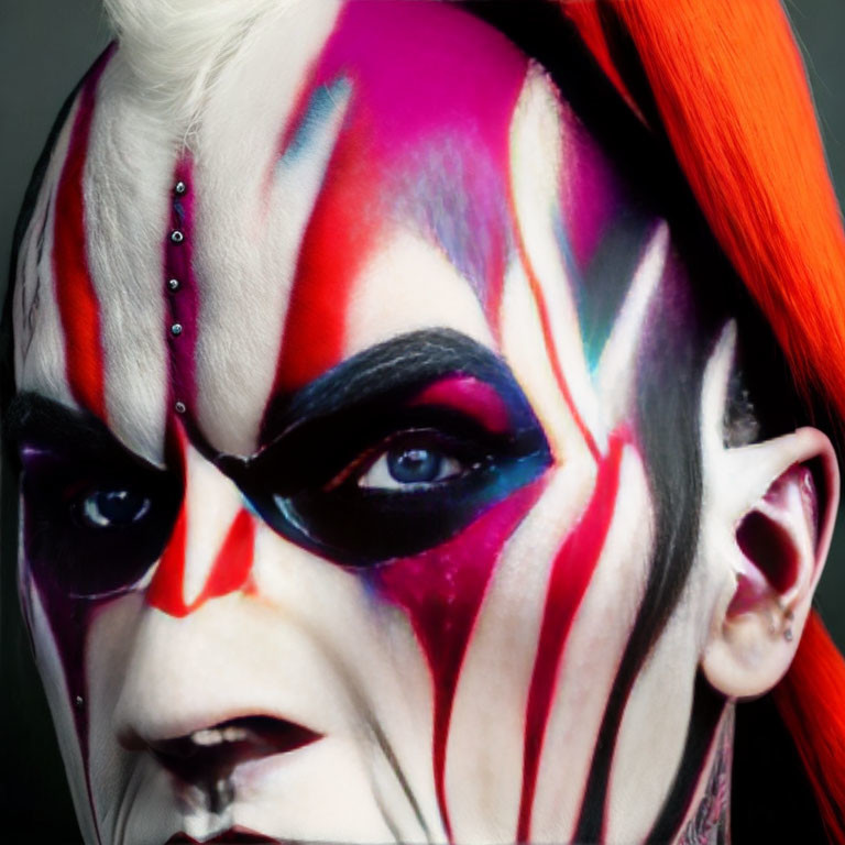 Person with bold white, red, and black face paint, eye piercing, and red hair close-up