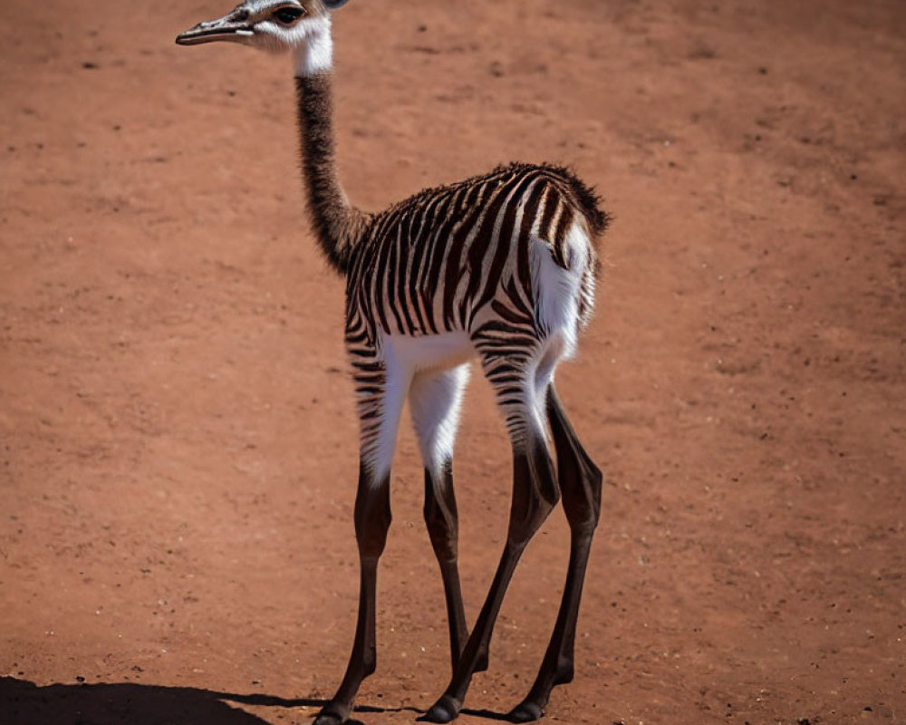 Young Baby Gazelle with Distinctive Stripes on Red Sandy Ground