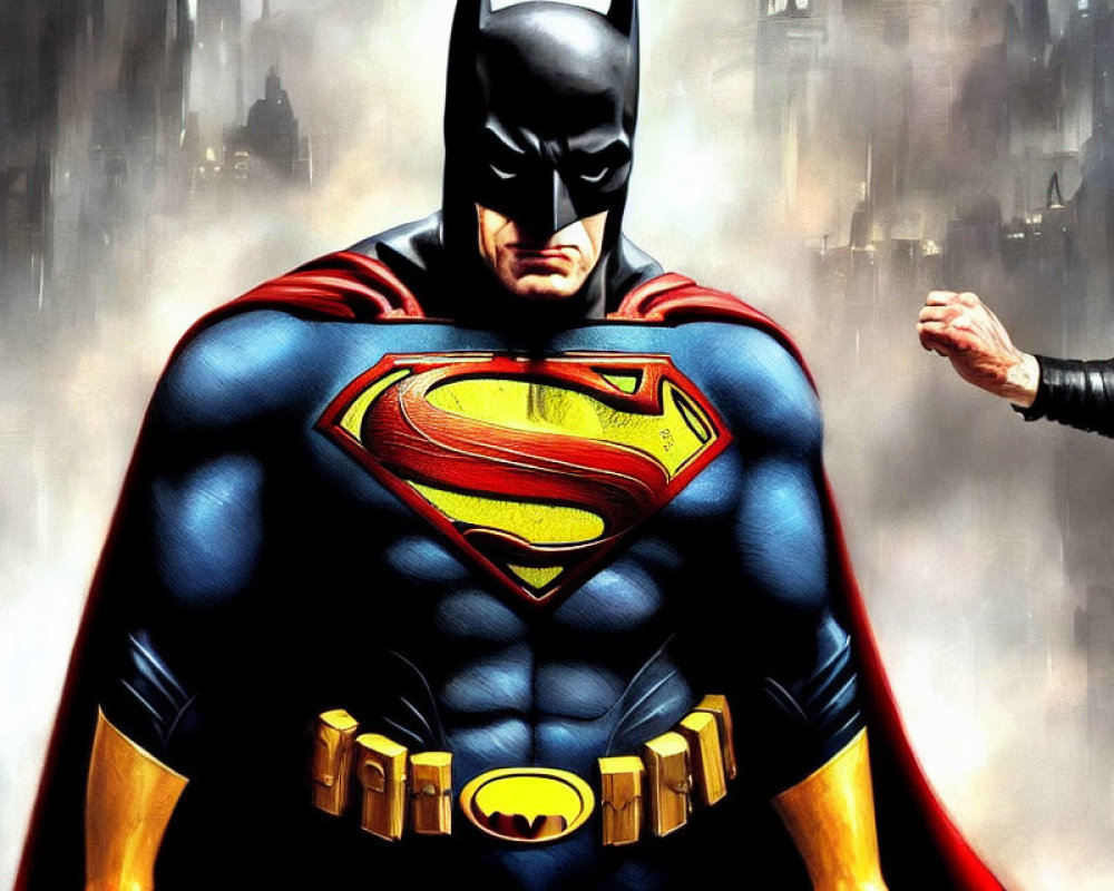 Character in Batman costume with Superman logo, confidently standing in cityscape.