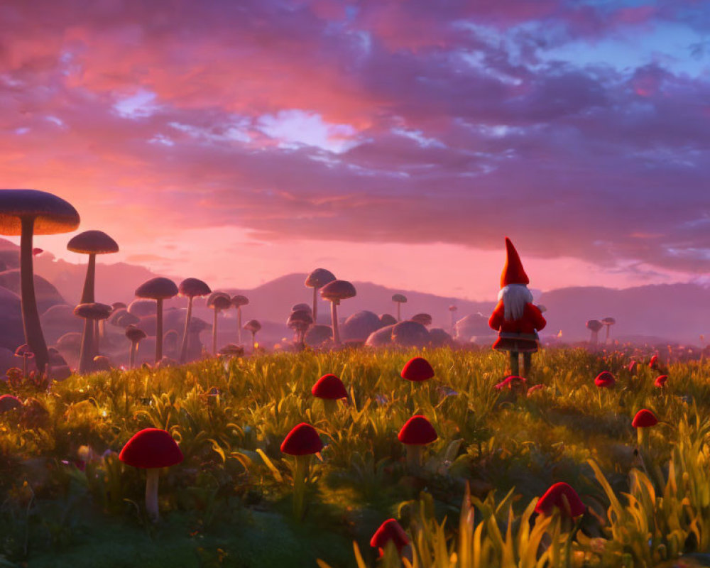 Gnome in Field of Red-Capped Mushrooms at Sunset