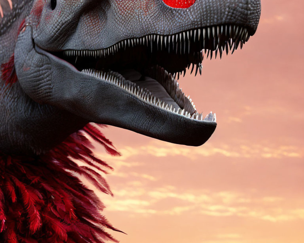 Realistic 3D-rendered dinosaur with sharp teeth and red eyes on sunset background