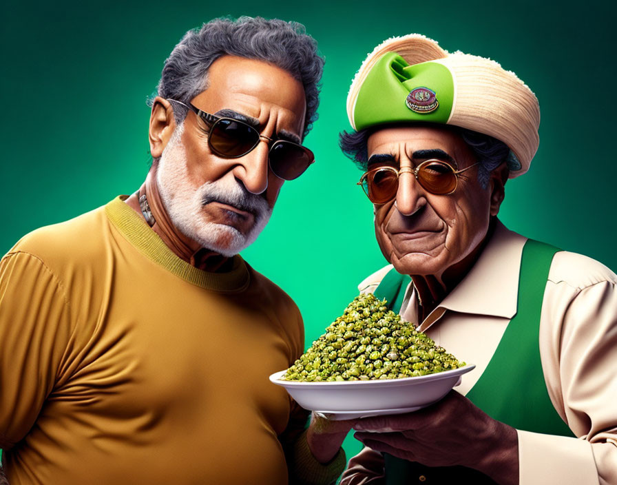 Stylized elderly male characters with exaggerated features and props