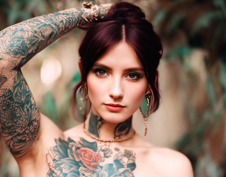 Portrait of woman with purple hair, tattoos, and green earrings.