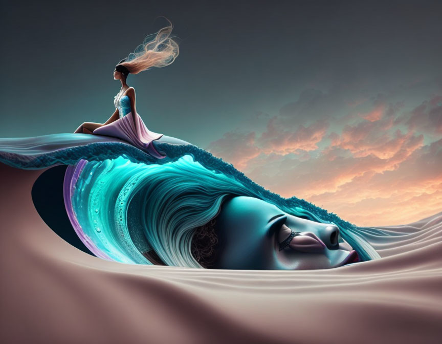 Surreal illustration of woman with flowing hair and tiny figure on waves