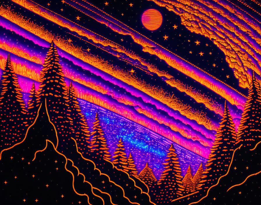 Psychedelic forest illustration with orange skies and sci-fi vibes