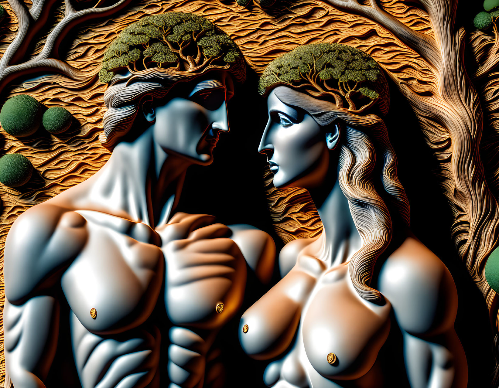 Stylized figures with exposed brains on intertwined branch background