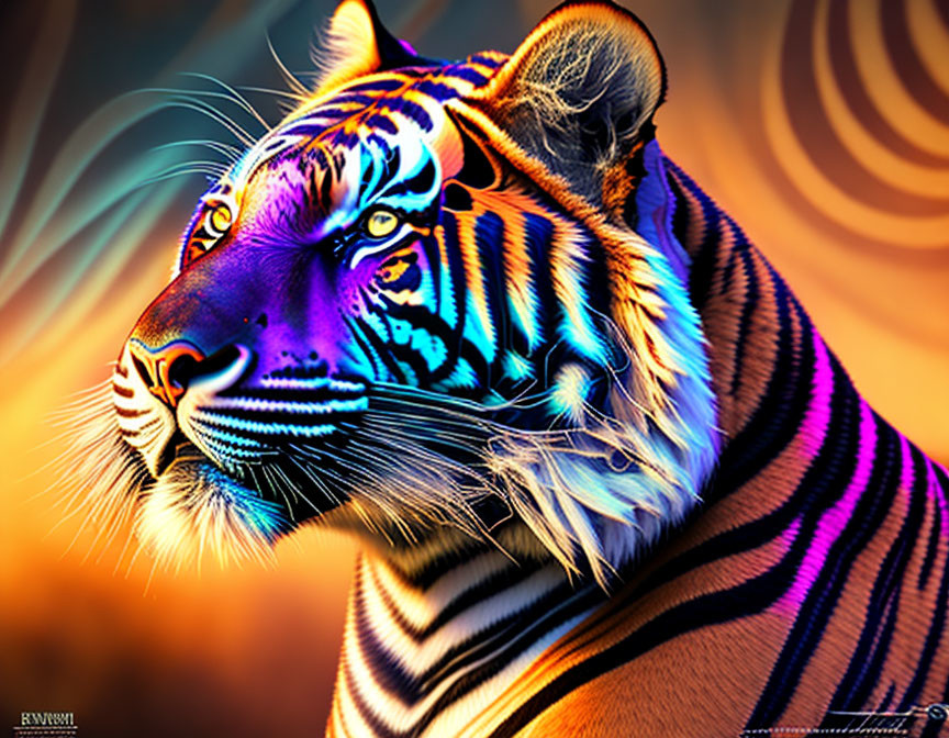 Colorful Neon Tiger Artwork on Abstract Orange Background