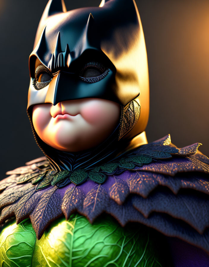 Whimsical Batman Caricature with Oversized Head and Textured Costume