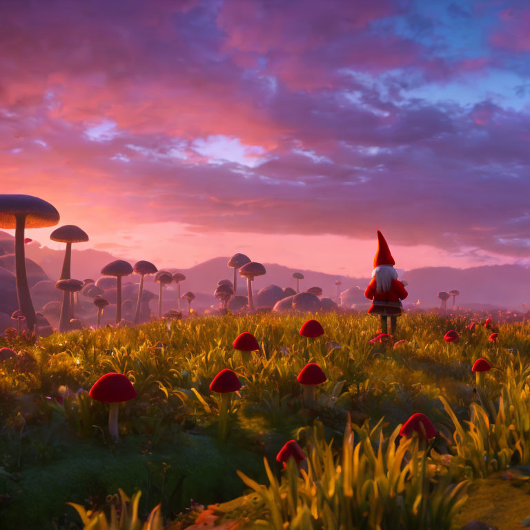 Gnome in Field of Red-Capped Mushrooms at Sunset