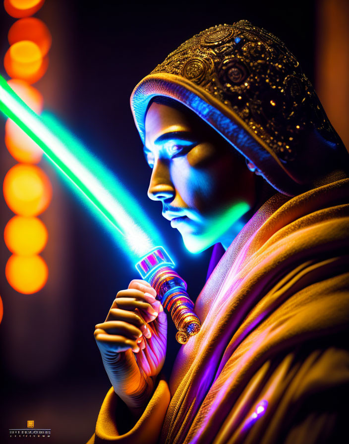 Person in ornate headpiece with blue lightsaber and neon glow.