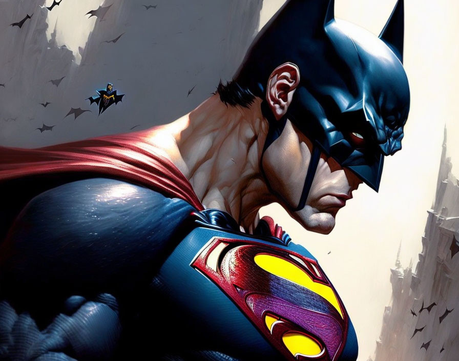 Superhero illustration featuring Batman with bat symbol and Superman reflection