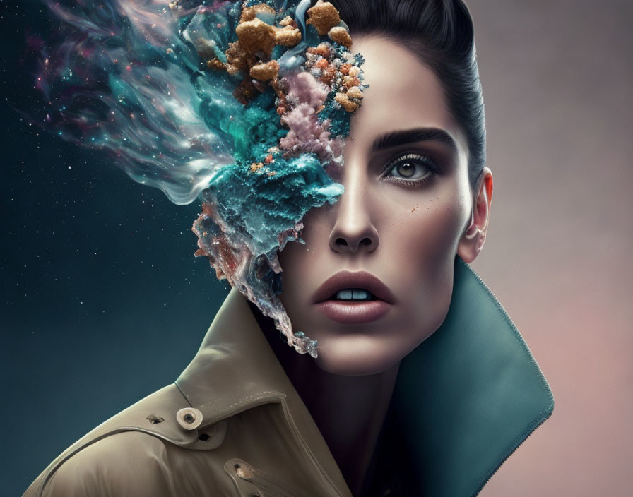 Surreal portrait of woman with exploding cosmic elements on dark background