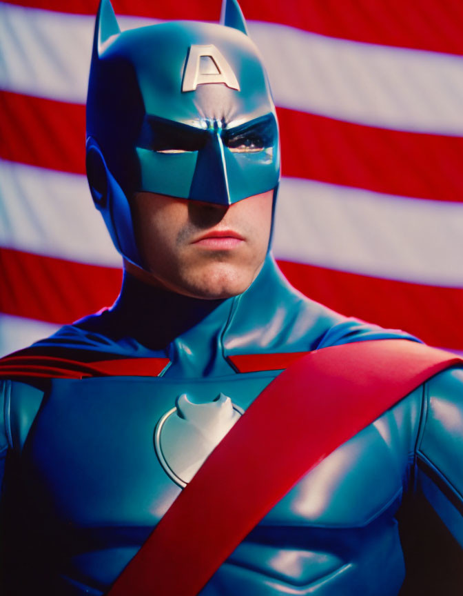 Hybrid superhero costume blending Batman and Captain America with American flag backdrop