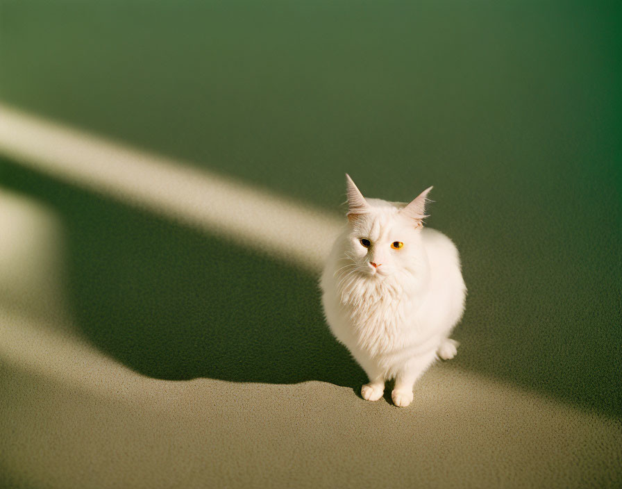 White Cat with Yellow Eyes Standing on Green Surface