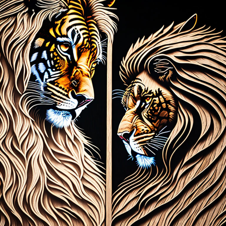 Profile view tiger and lion faces artwork on black background.