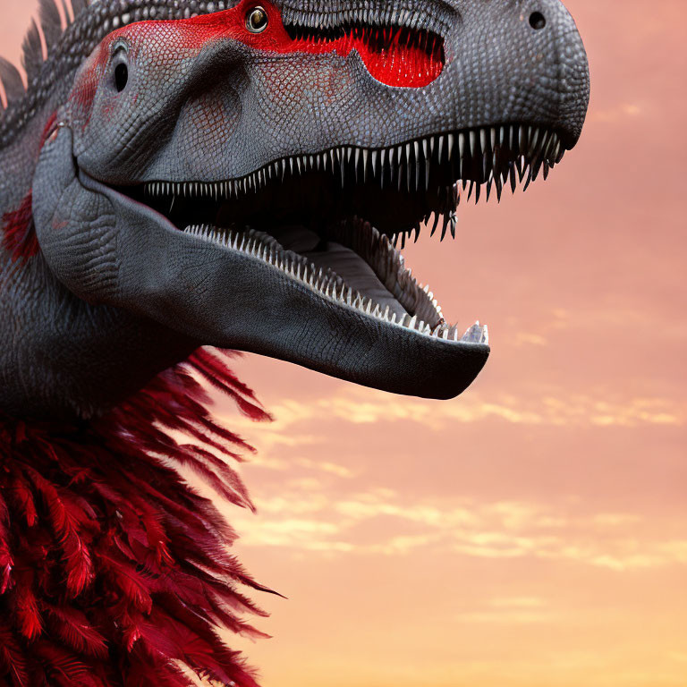 Realistic 3D-rendered dinosaur with sharp teeth and red eyes on sunset background