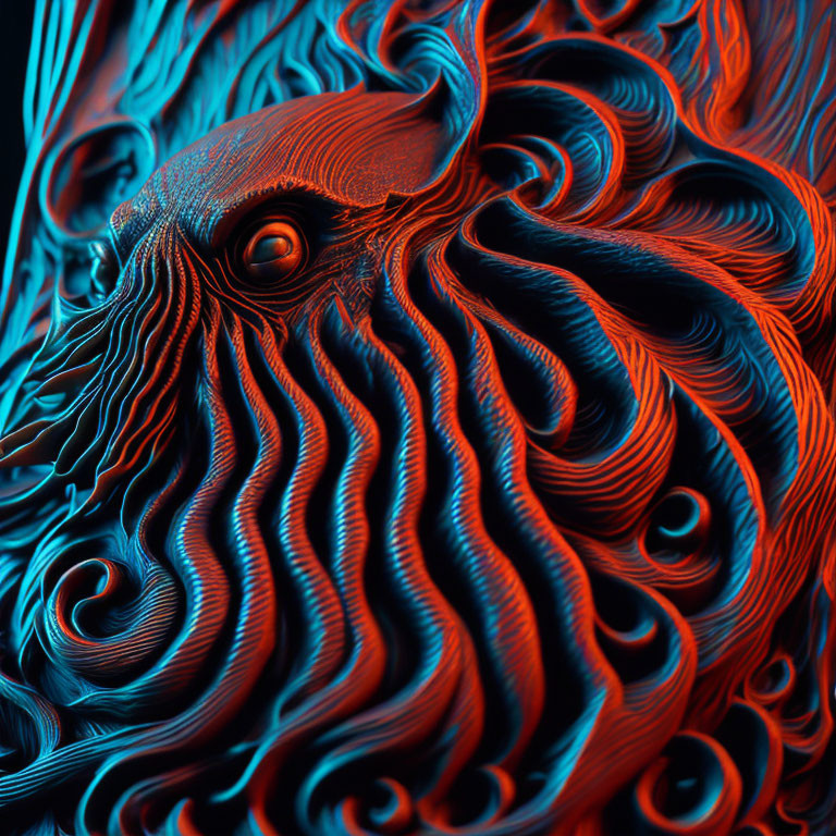 Abstract digital artwork: Swirling red and blue patterns of aquatic theme.