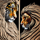 Profile view tiger and lion faces artwork on black background.